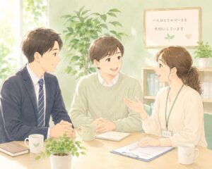 支援員と話す利用者の男性
