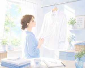 洗濯物を干す女性