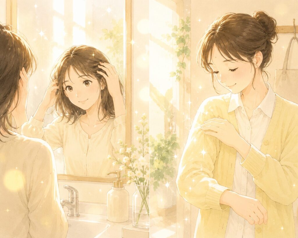 服装のチェックをする女性