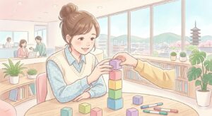 積み木で積み上げる女性