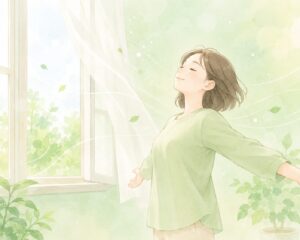 窓際で大きく深呼吸をしている女性