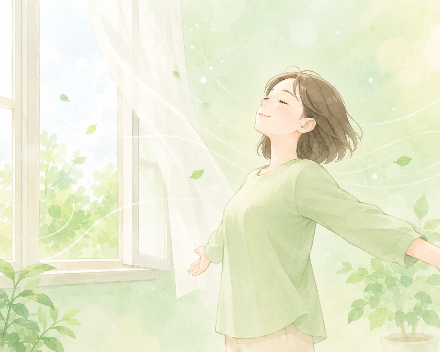 窓際で大きく深呼吸をしている女性