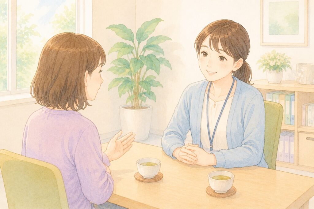 明るい相談室で、スタッフが利用者の話を穏やかに頷きながら聞いている利用者と支援員の女性