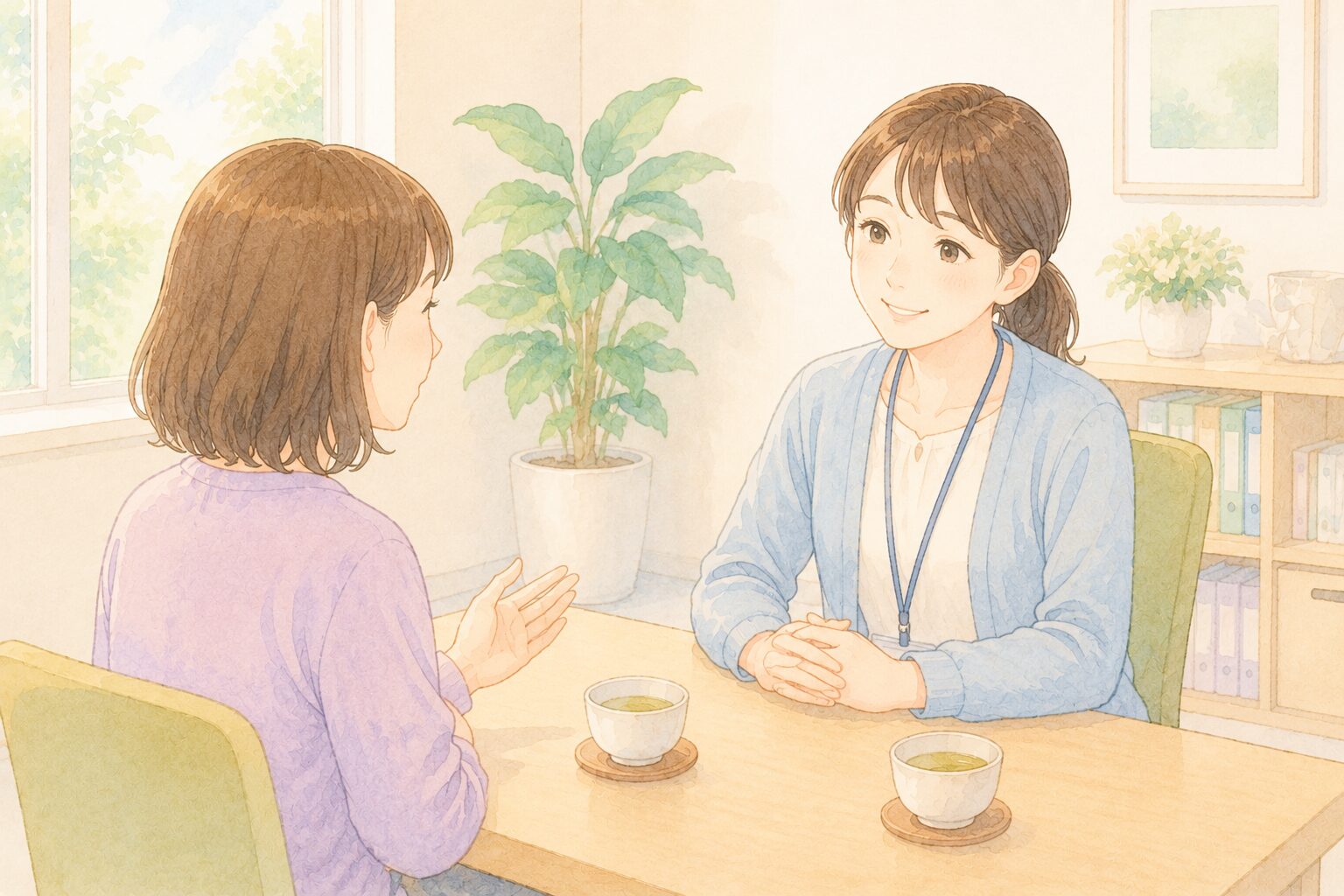 明るい相談室で、スタッフが利用者の話を穏やかに頷きながら聞いている利用者と支援員の女性