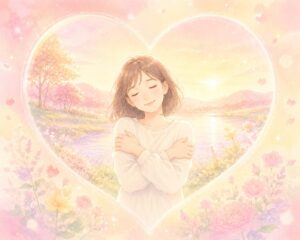 大きなハートの中に、穏やかな風景が描かれており、中央で自分自身を抱きしめている女性