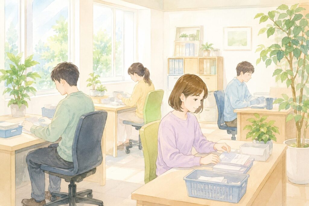 オフィスで、数人の利用者がそれぞれのデスクで穏やかな表情で作業に取り組んでいる風景