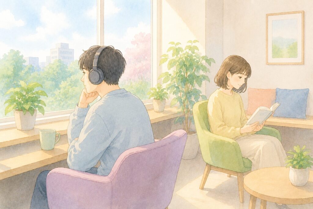 休憩室の窓際でヘッドホンをつけて静かに外を眺めている人、その横で本を読んでいる男女