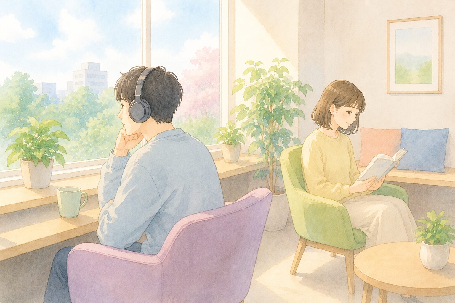 休憩室の窓際でヘッドホンをつけて静かに外を眺めている人、その横で本を読んでいる男女