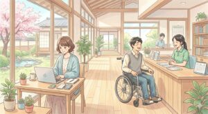 車椅子の男性とパソコン作業をする女性