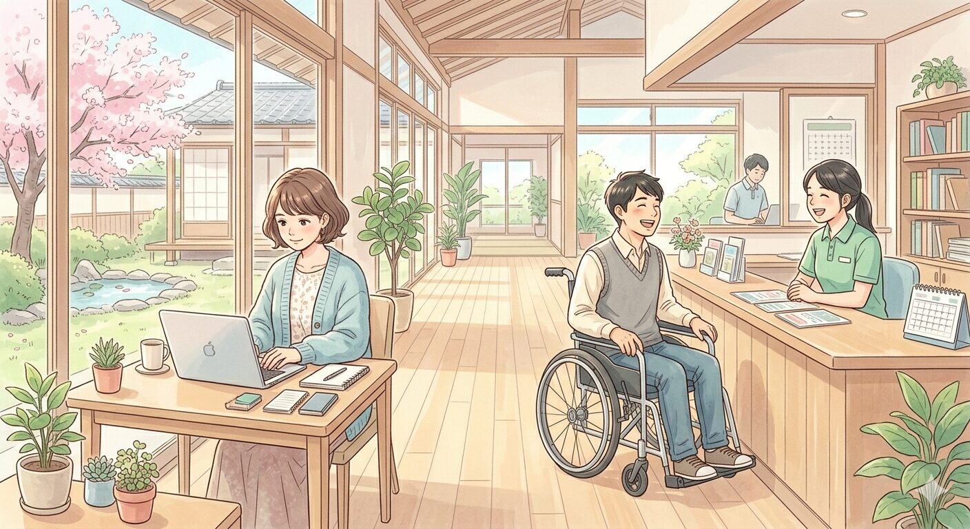 車椅子の男性とパソコン作業をする女性