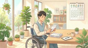 給与明細を見る車椅子の男性