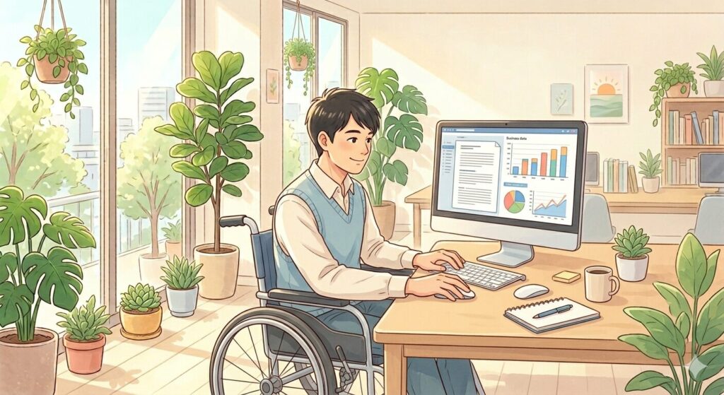 パソコン作業をする車椅子の男性