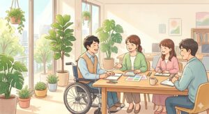 車椅子の男性と支援員