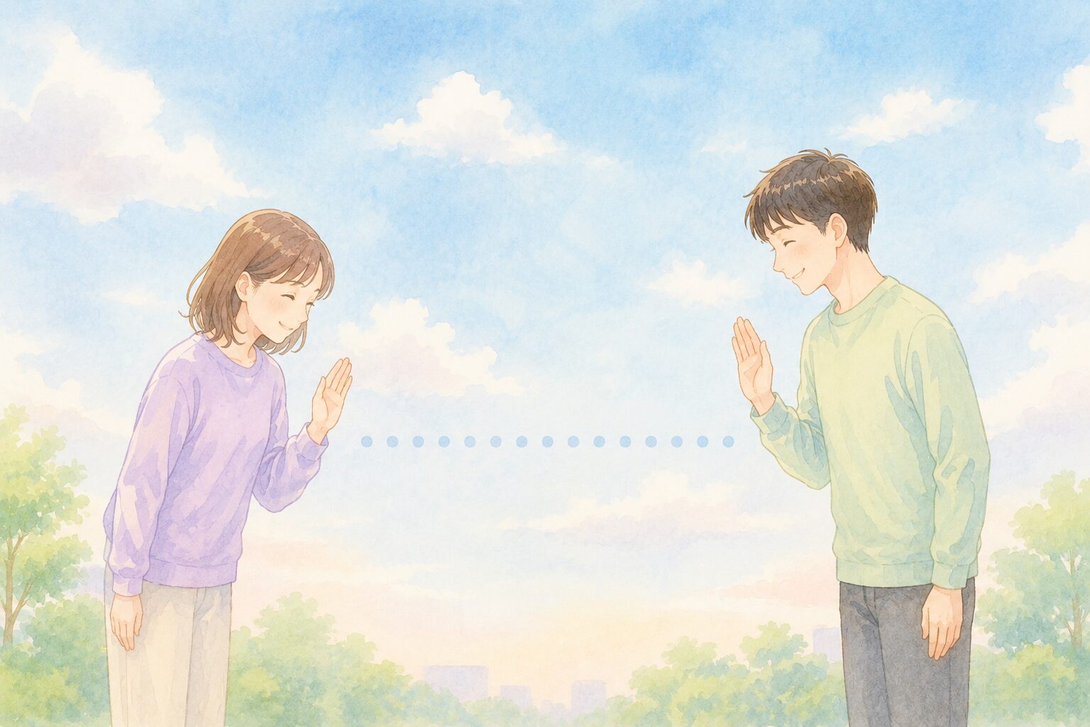 二人の人物が適度な距離を保ち、お互いににっこりと会釈を交わしている様子。