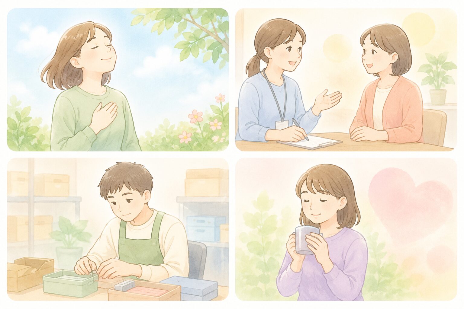 安心する女性と男性、そして支援員