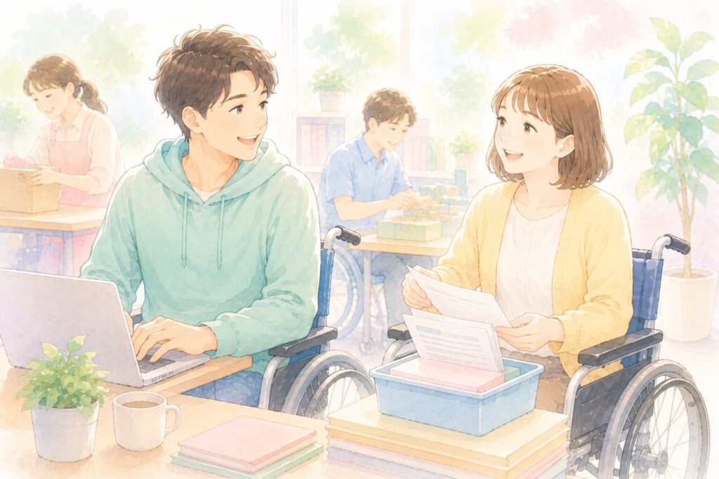 車椅子の女性と支援員の男性