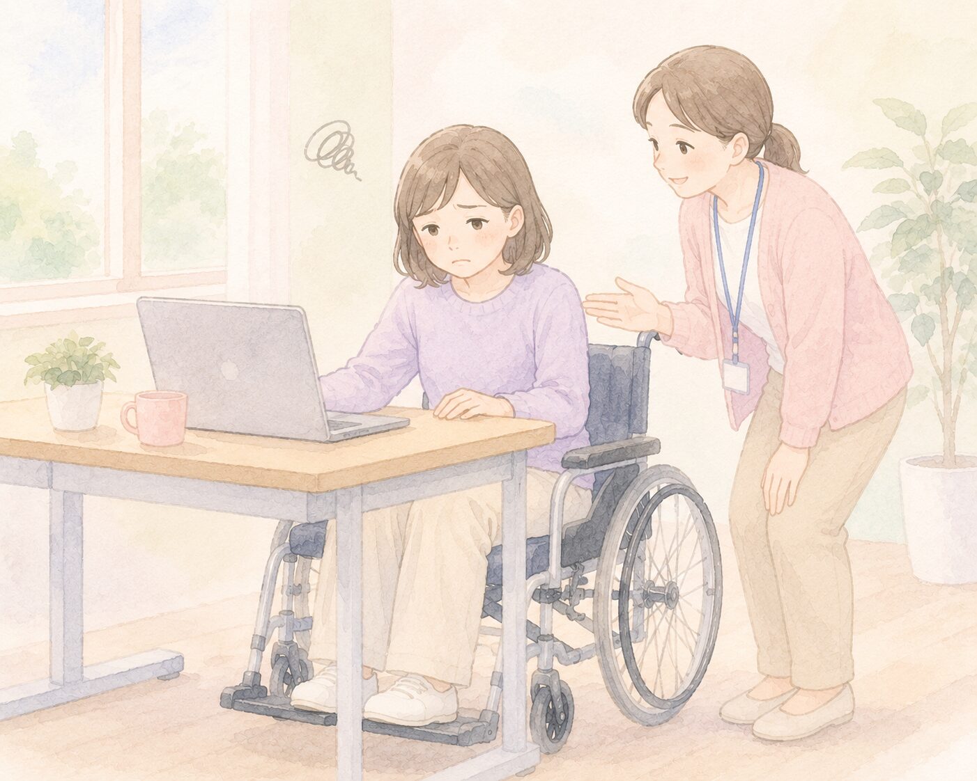 車椅子に乗り悩む女性