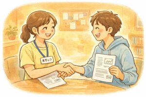 笑顔のスタッフと利用者