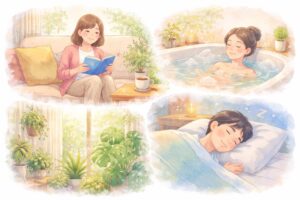 ソファに座って読書をする人、温かいお風呂、緑豊かな植物、ぐっすりと眠っている様子