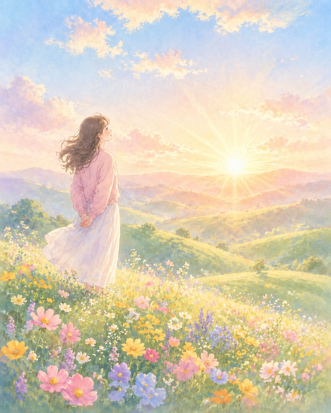 女性が花畑に立つ様子