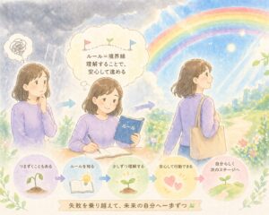 曇り空の隙間から虹が架かり始め、少しずつルール（境界線）を理解することで心が晴れやかになっていく