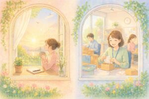 作業をする女性と飲み物を飲む女性