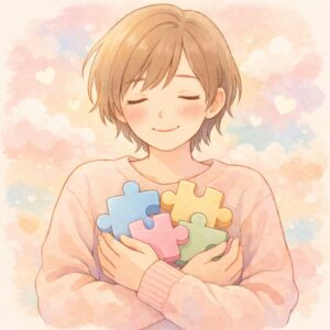 パズルのピースを抱える女性