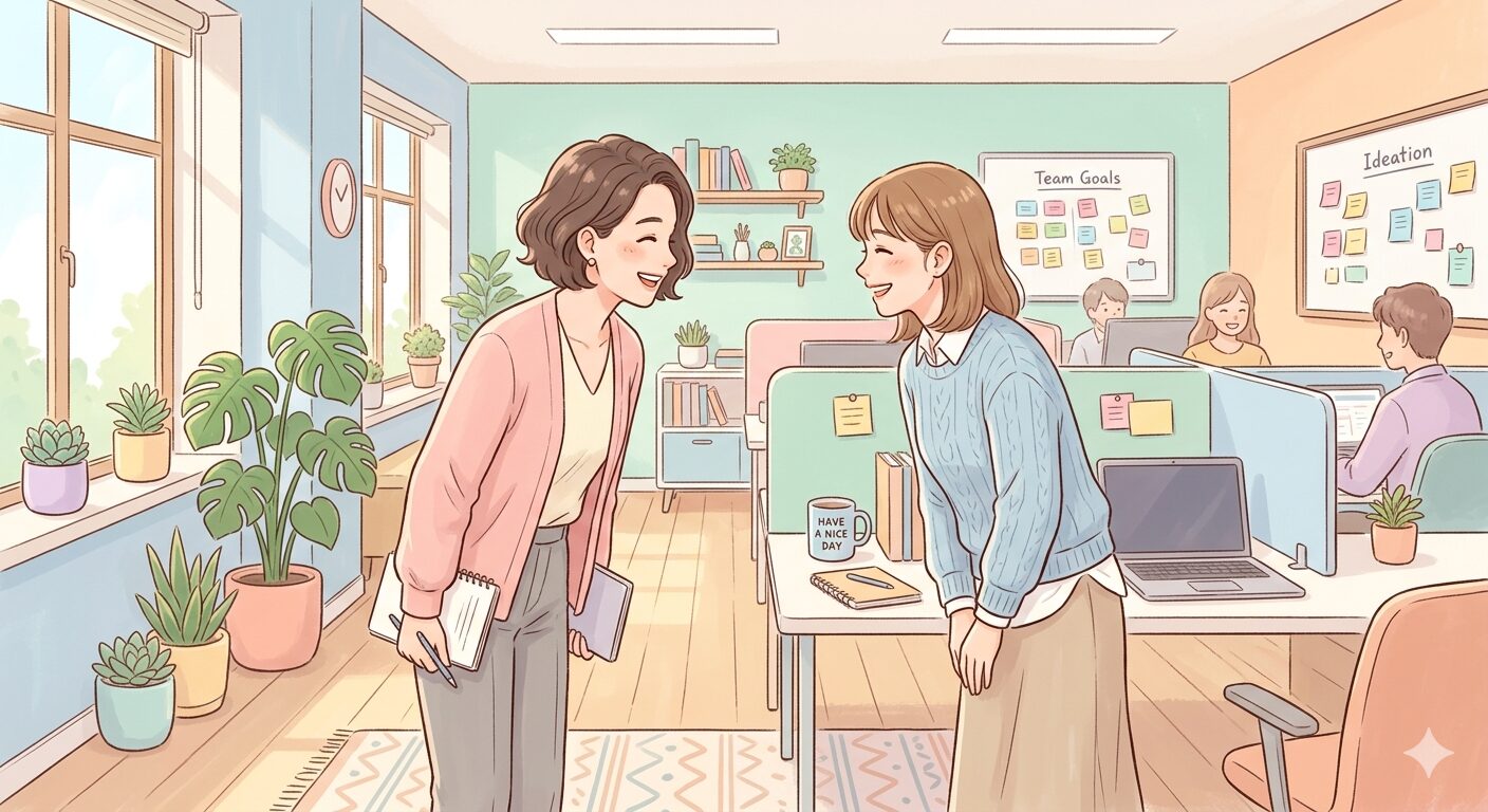 職場で、二人の人物がにこやかに会釈を交わしているシーン。温かい人間関係が伝わるビジュアル。