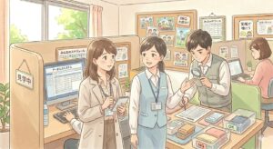 見学をする女性と説明ををする支援員