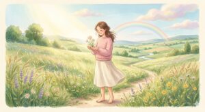 穏やかな表情の人物が、柔らかな光が差し込む草原に立っており、その手元では小さな花が優しく咲いている