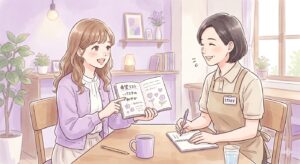 スタッフ相談する女性