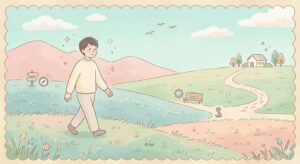 広い道を歩く男性