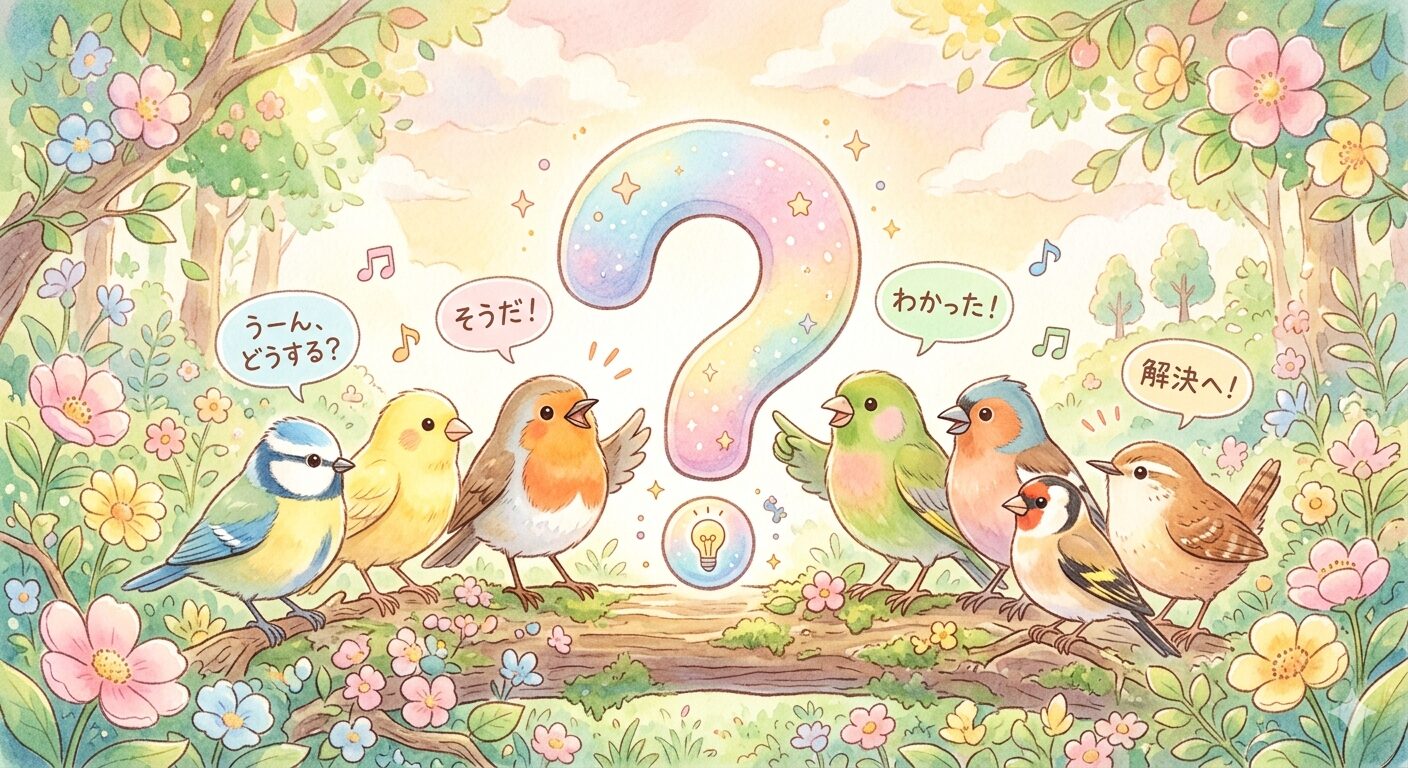 パステルカラー。大きな疑問符（？）の周りに、可愛い小鳥たちが集まって何かを話し合っている様子