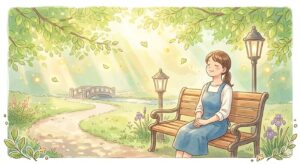 森林のなかでベンチに座る女性