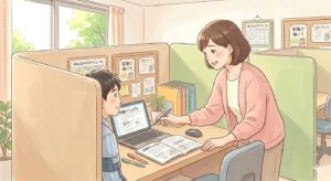 支援員が利用者のデスクに優しく寄り添い、作業の進め方を丁寧にレクチャーしているシーン。パーテーションで仕切られた集中しやすい空間。
