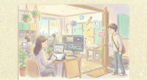 作業をする女性と見学に来た男性