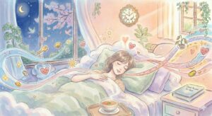 画像イラスト指示：パステルカラーの寝室で、穏やかな表情で眠りにつく人