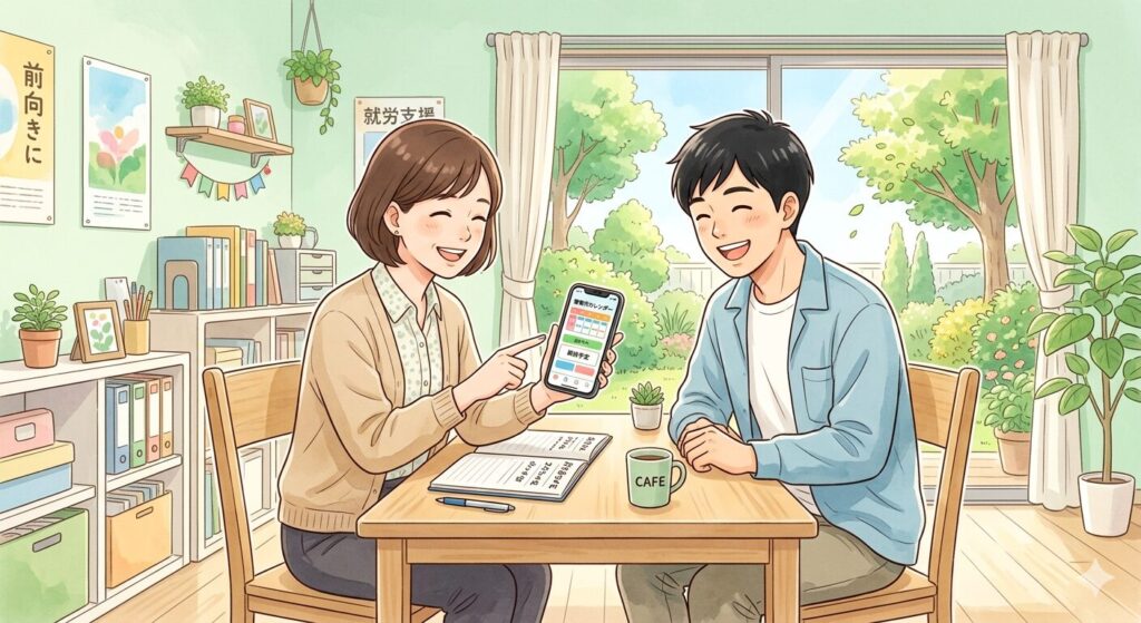 携帯を見せて話す支援員と利用者の男性