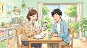 携帯を見せて話す支援員と利用者の男性