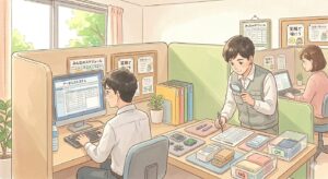 パソコンに向かってデータ入力をしている利用者と、その横で検品作業を丁寧に行っている利用者の様子。