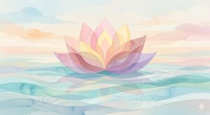 穏やかな水面に浮かぶ蓮の花のような、静寂と安定を感じさせる抽象的なイラスト。パステルカラーの層が重なる美しい構図。