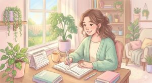 暖かな日差しが差し込む部屋で、机に向かって穏やかな表情でペンを持つ人物。周囲には柔らかなグリーンの観葉植物があり、前向きな気持ちで準備をしている様子