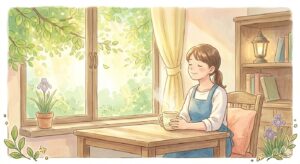 窓を見てコーヒーを飲む女性