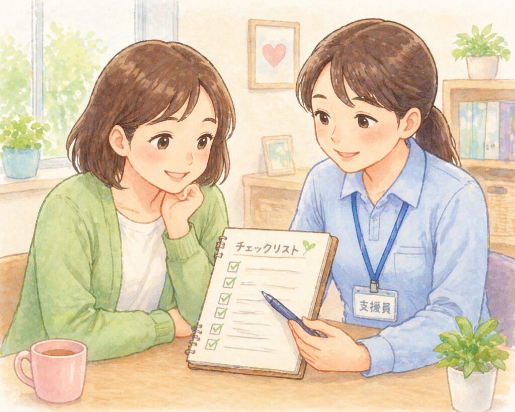 チェックをする支援員と利用者
