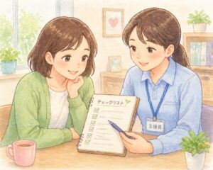 チェックをする支援員と利用者