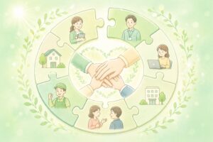 手を取り合う利用者と支援員
