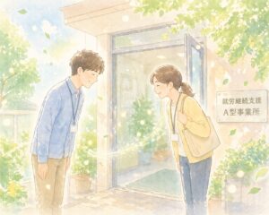 挨拶をする支援員と利用者の男性