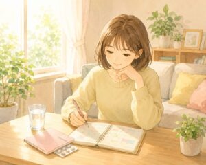 明るい朝の光が差し込むリビングで、お薬手帳とコップを机に置き、穏やかに微笑みながら今日一日の計画を立てている女性