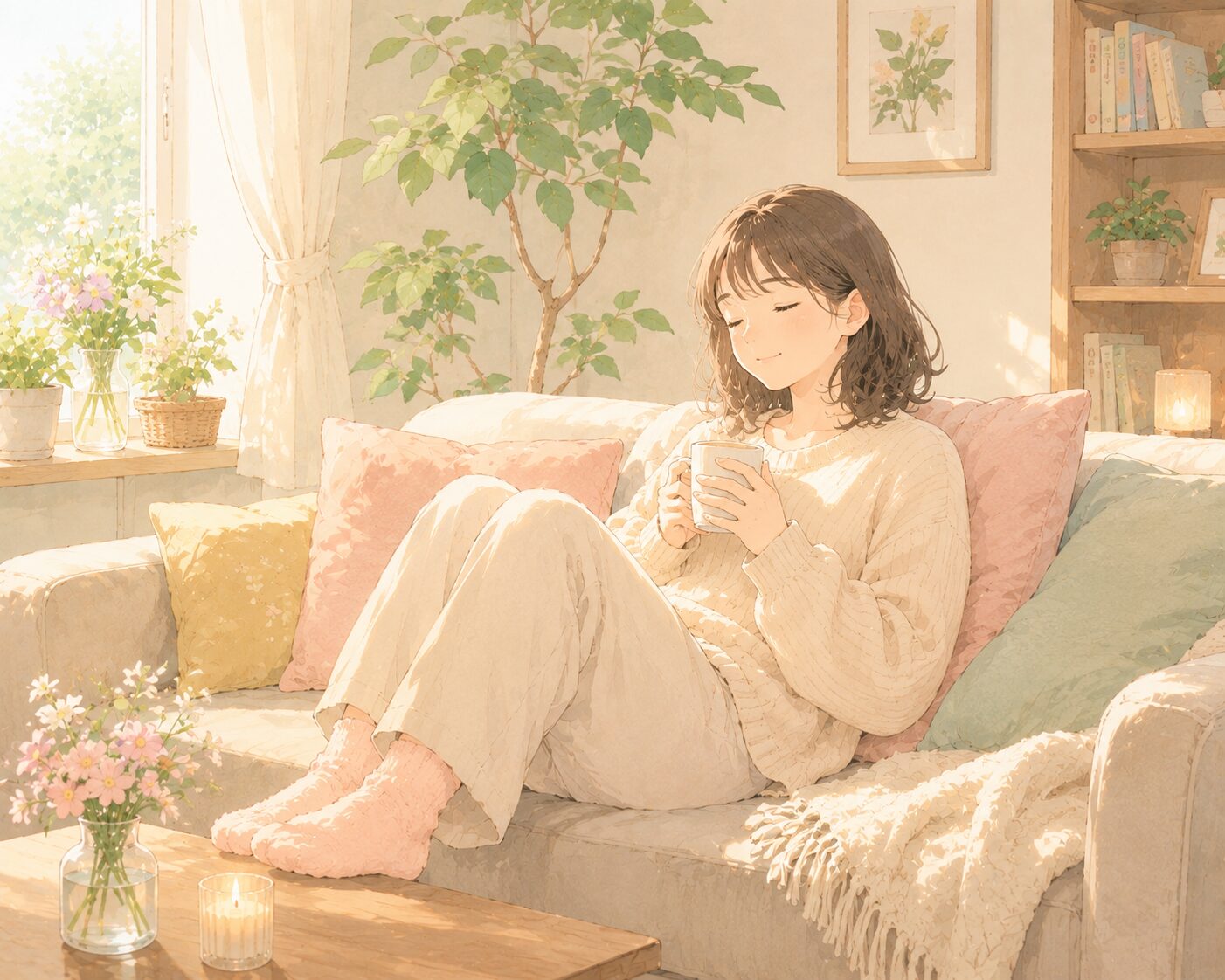 ソファでリラックスする女性