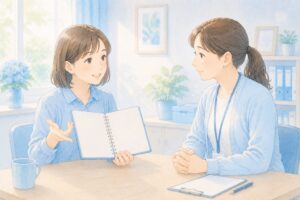 支援員と話す利用者の女性